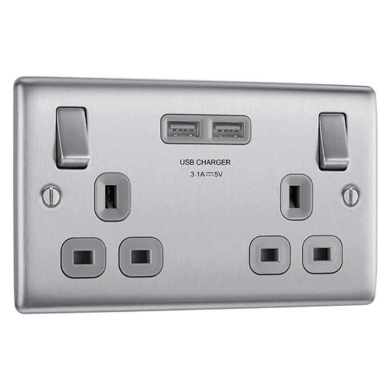 BG 2G USB Switched Socket - Brushed Steel